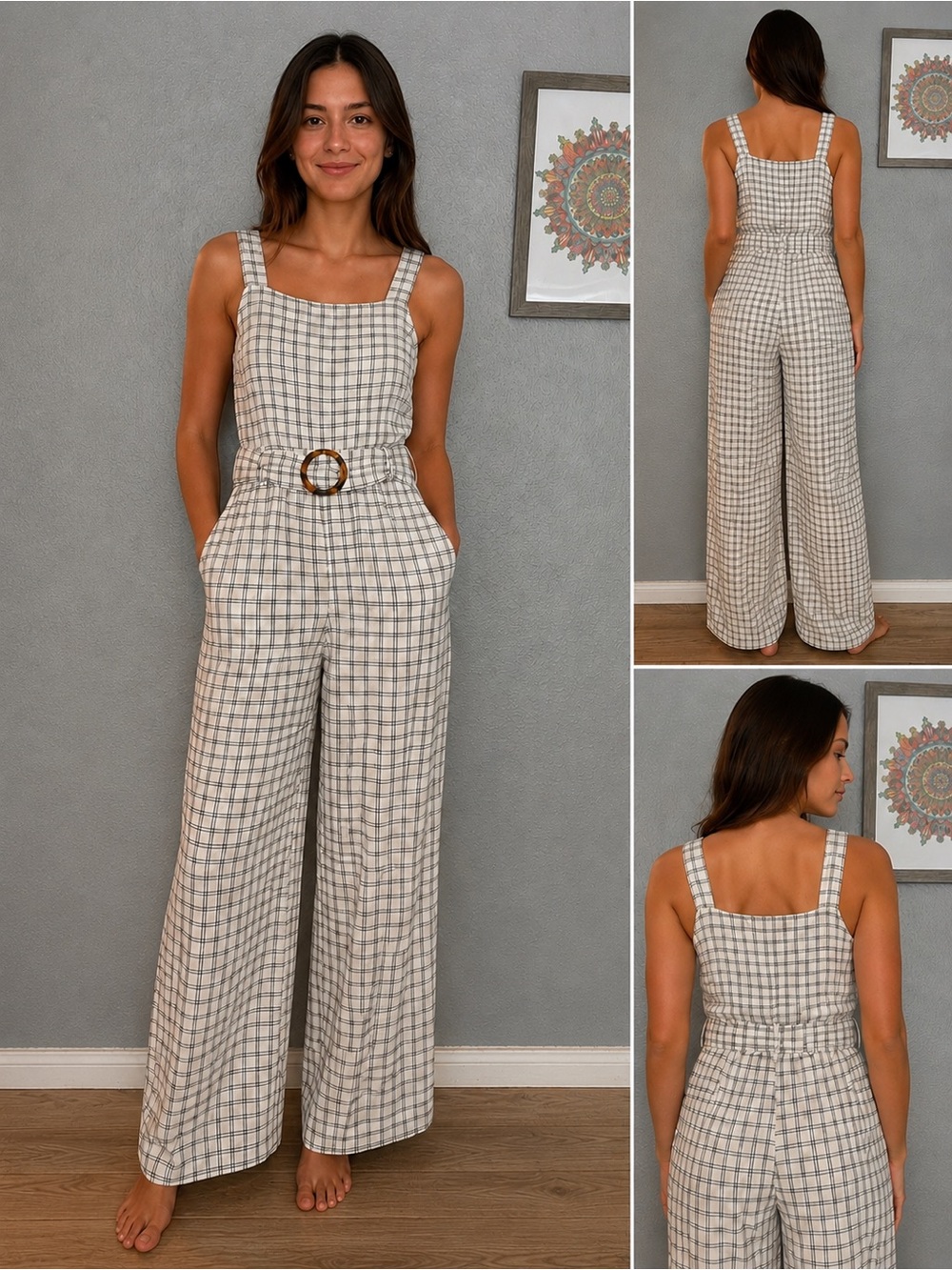 American Eagle Outfitters Beige Plaid Wide-Leg Jumpsuit with Belt Size M